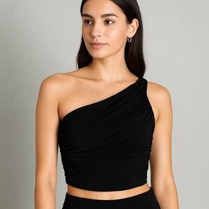 Norma Kamali Diana Crop Top S Black One Shoulder Ruched Asymmetrical Draped‎